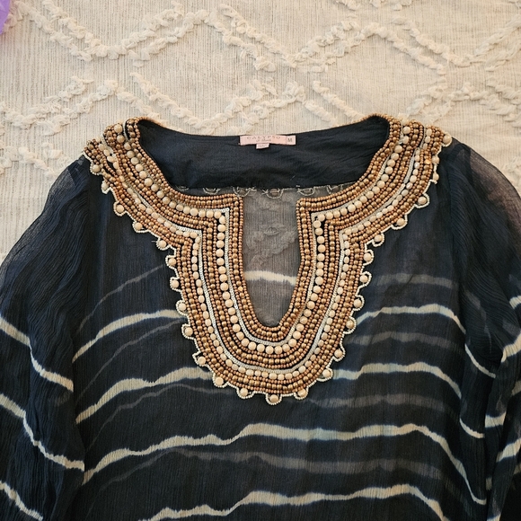 Calypso St. Barth Sheer Black Tunic with Gold Embellishments Medium 100% Silk - Picture 4 of 9